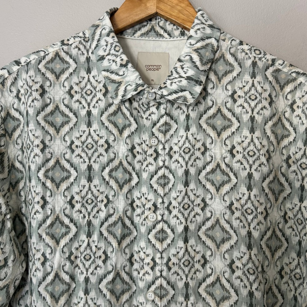 Common People Shirt Men XL Gray Ikat Linen Blend Short Sleeve Button Up